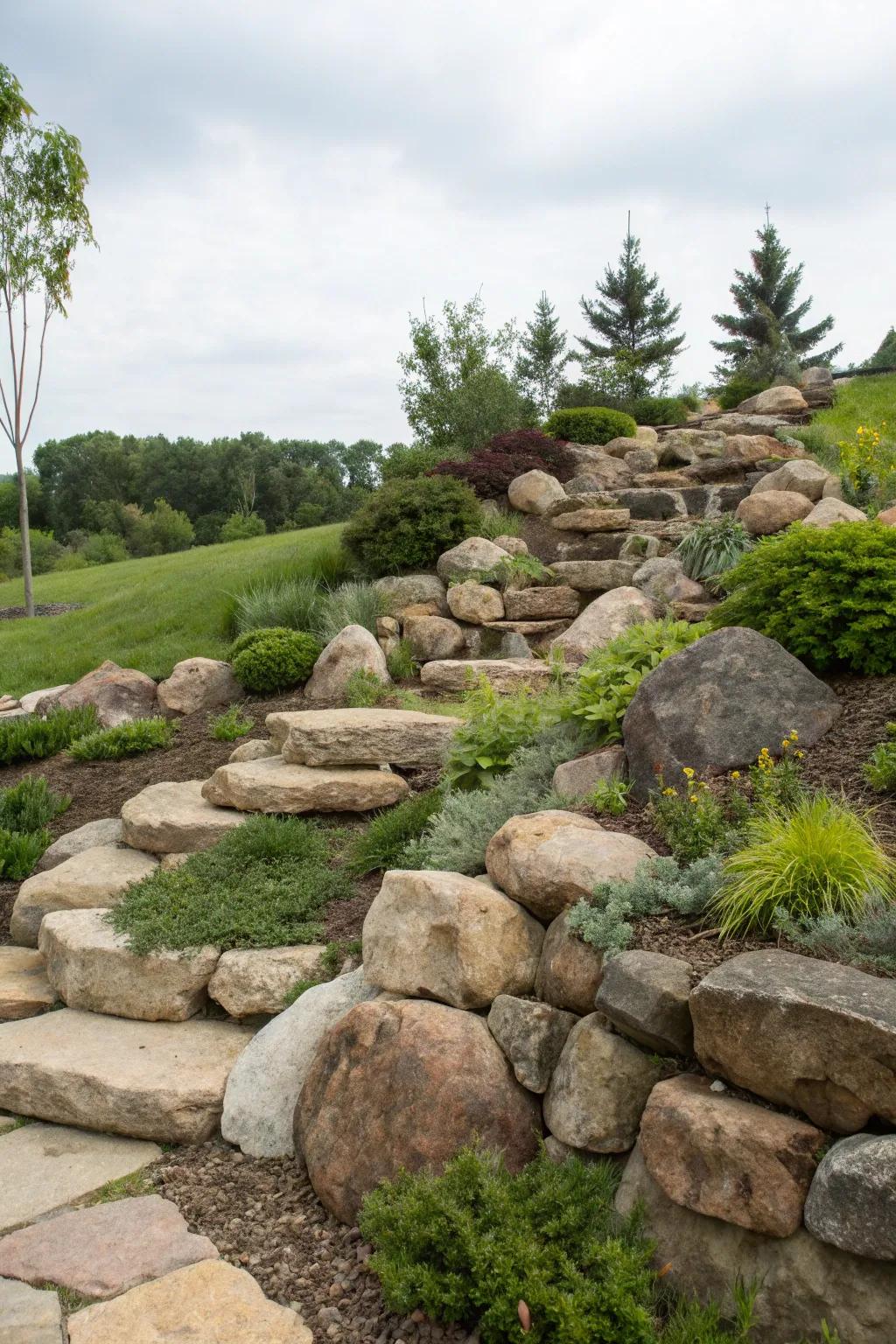Layered textures of rocks add depth to your landscape.