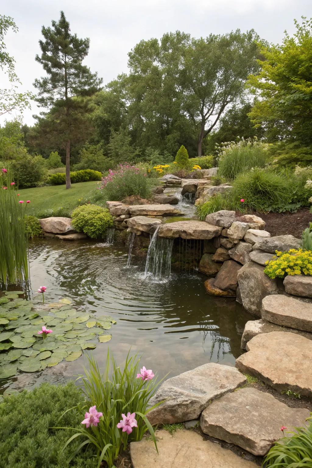 A stone water feature introduces peace and movement to the garden.