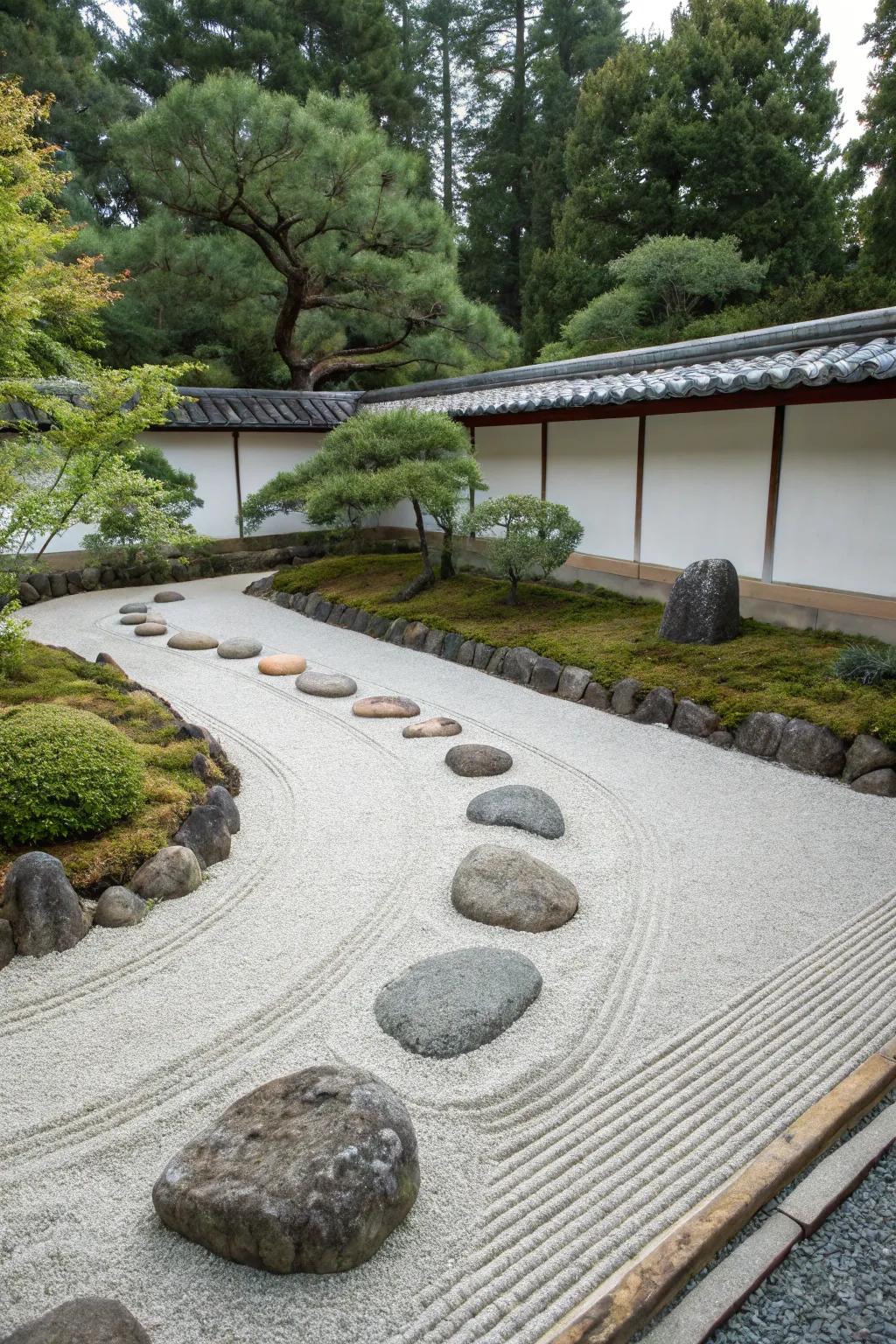 A minimalist Zen stone garden featuring structured stones and raked gravel.
