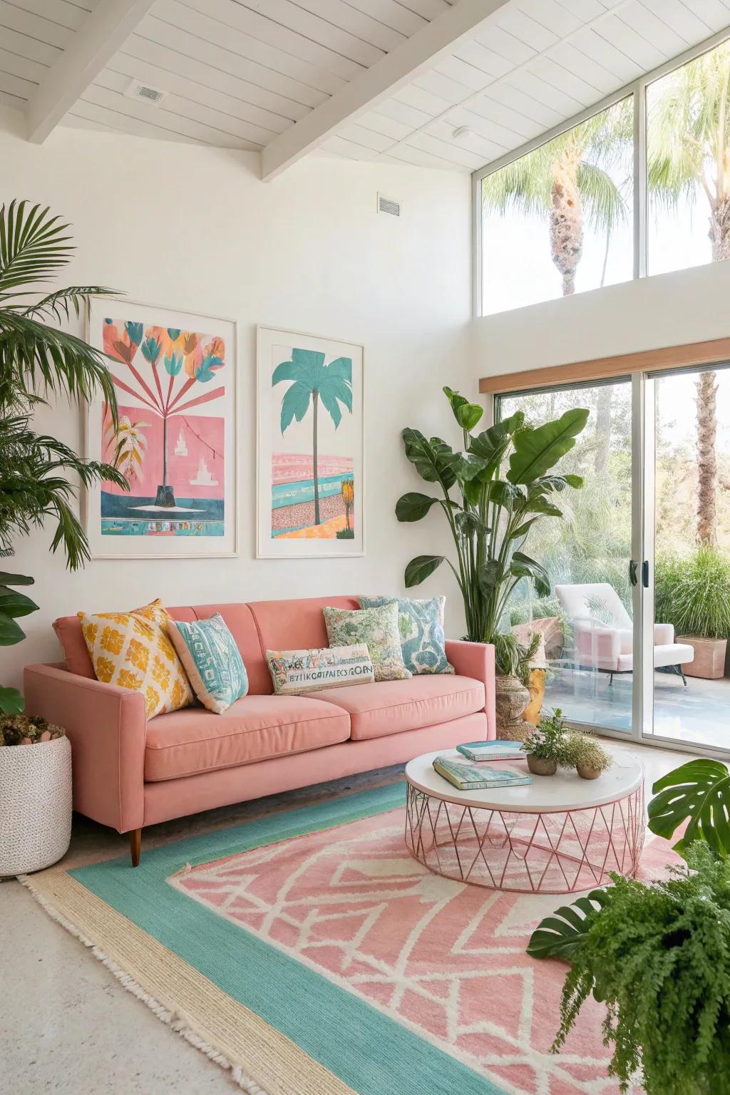 A modern living room featuring Palm Springs-inspired vibrant colors.