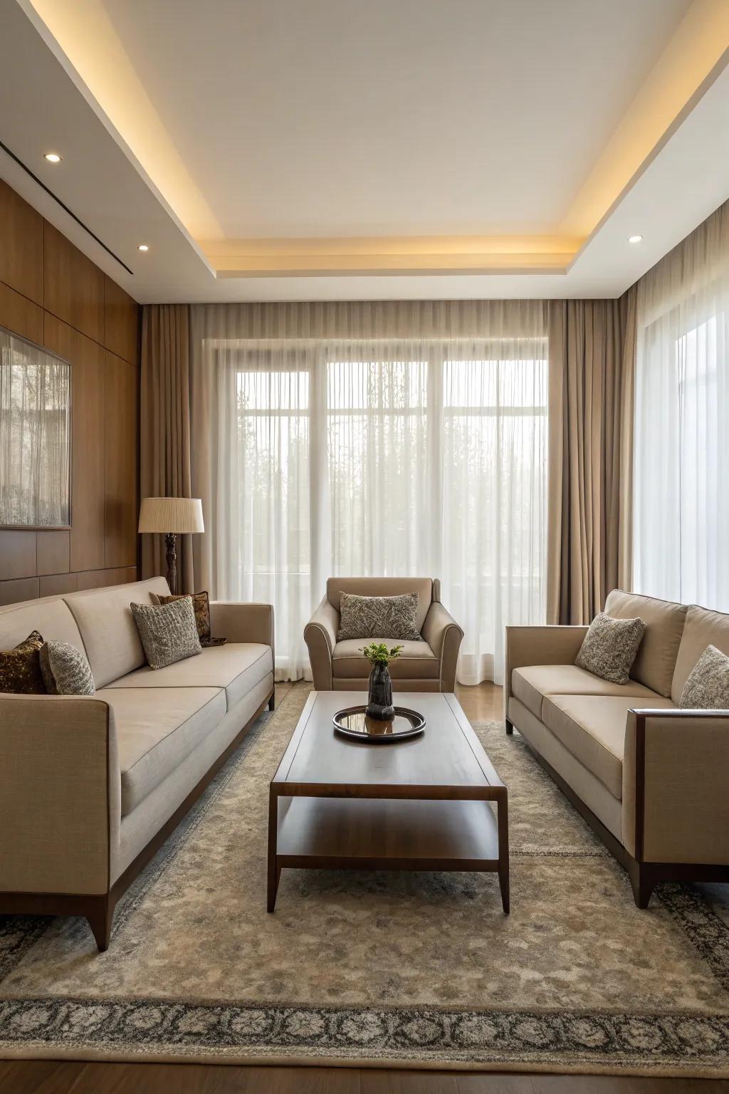 A symmetrical furnishing arrangement for a well-balanced living room concept.