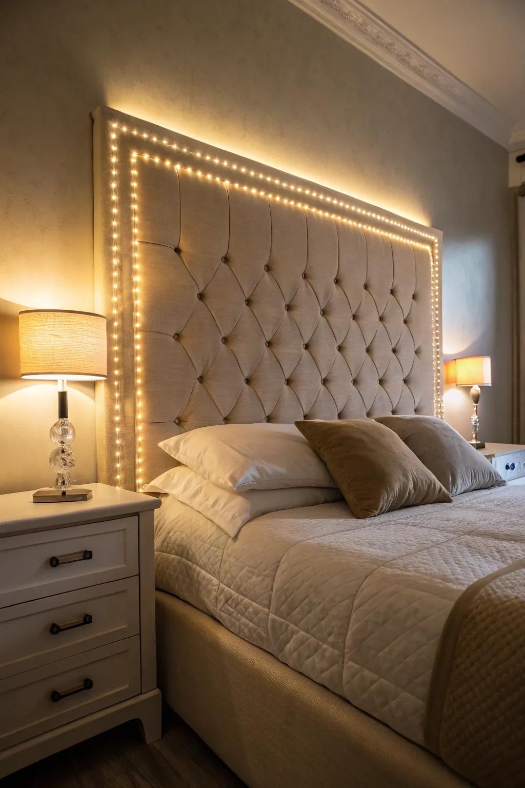 A backlit headboard exudes warmth and sophistication.