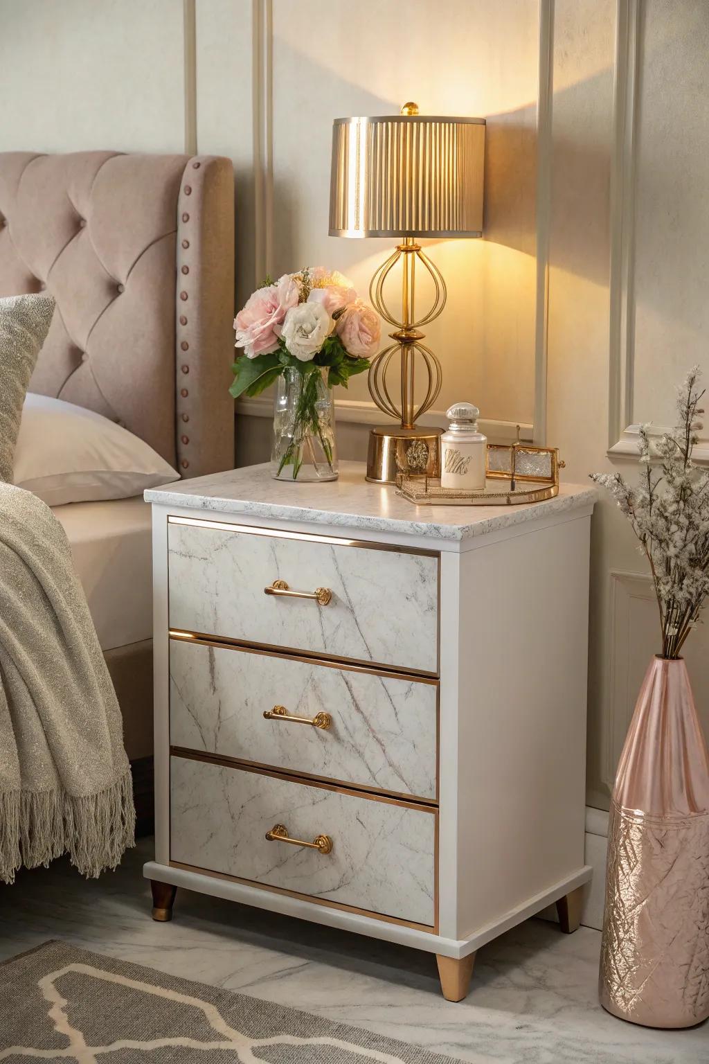 Blush tones and art marble unite to evoke a lavish vibe.