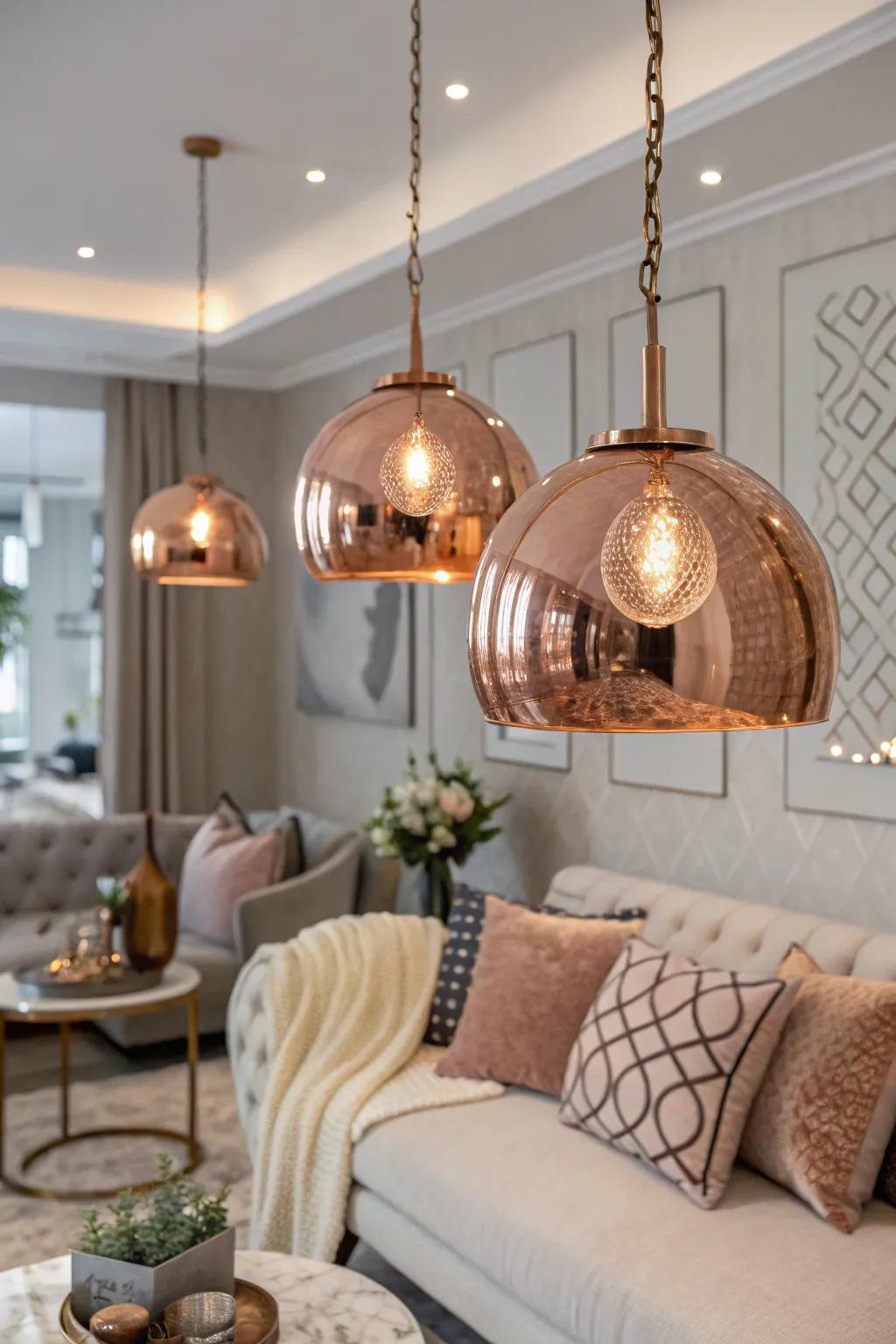 Rose gold hanging lights bring warmth and refinement to the space.
