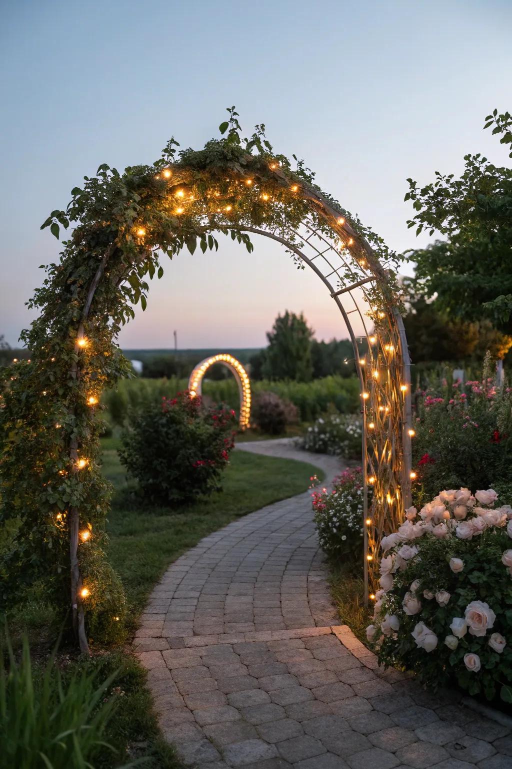 Twinkling lights append a magical radiance to this curved gateway, ideal for nighttime events.