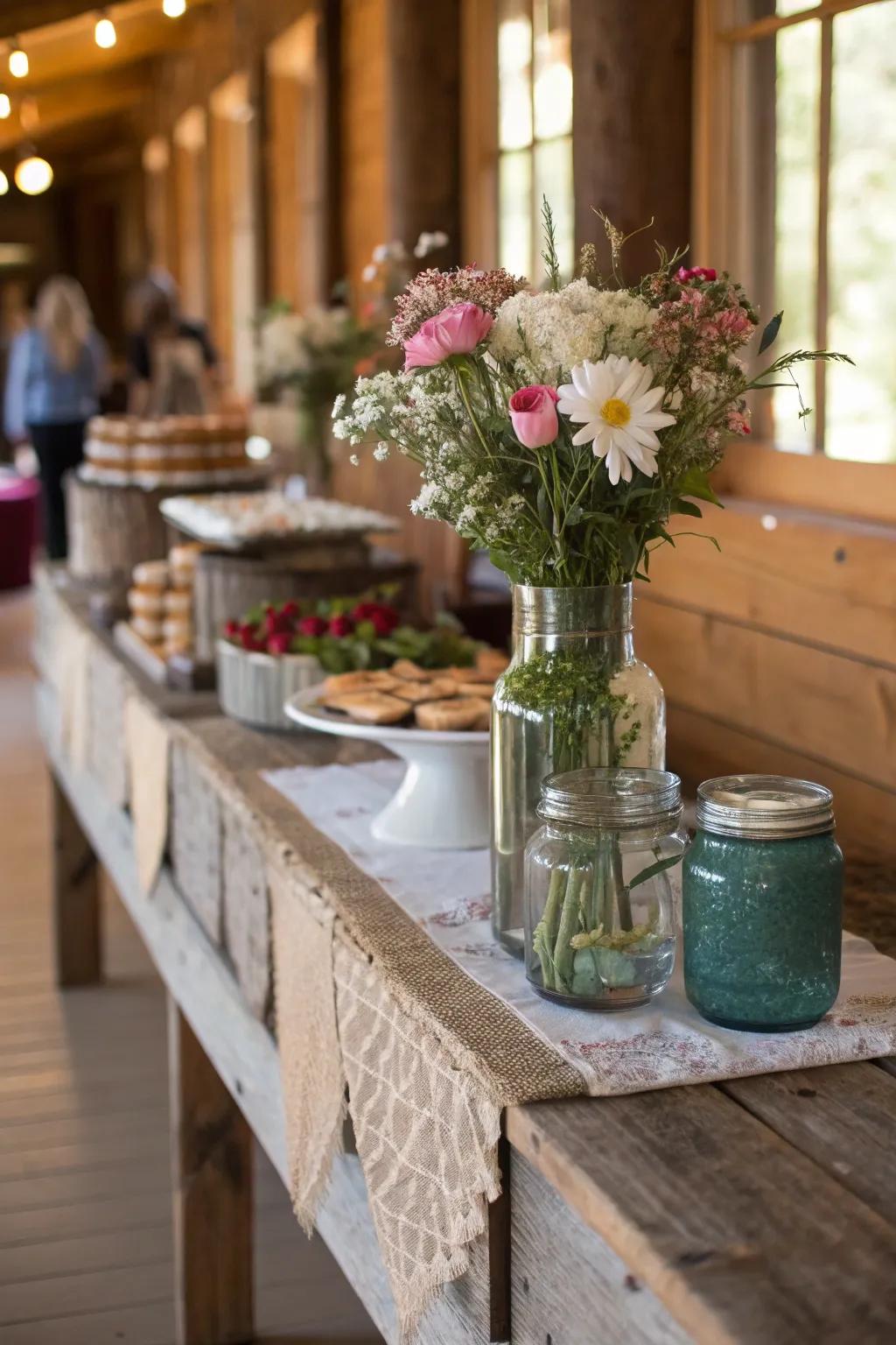 Canning jars give the sideboard design a lovely rustic touch.