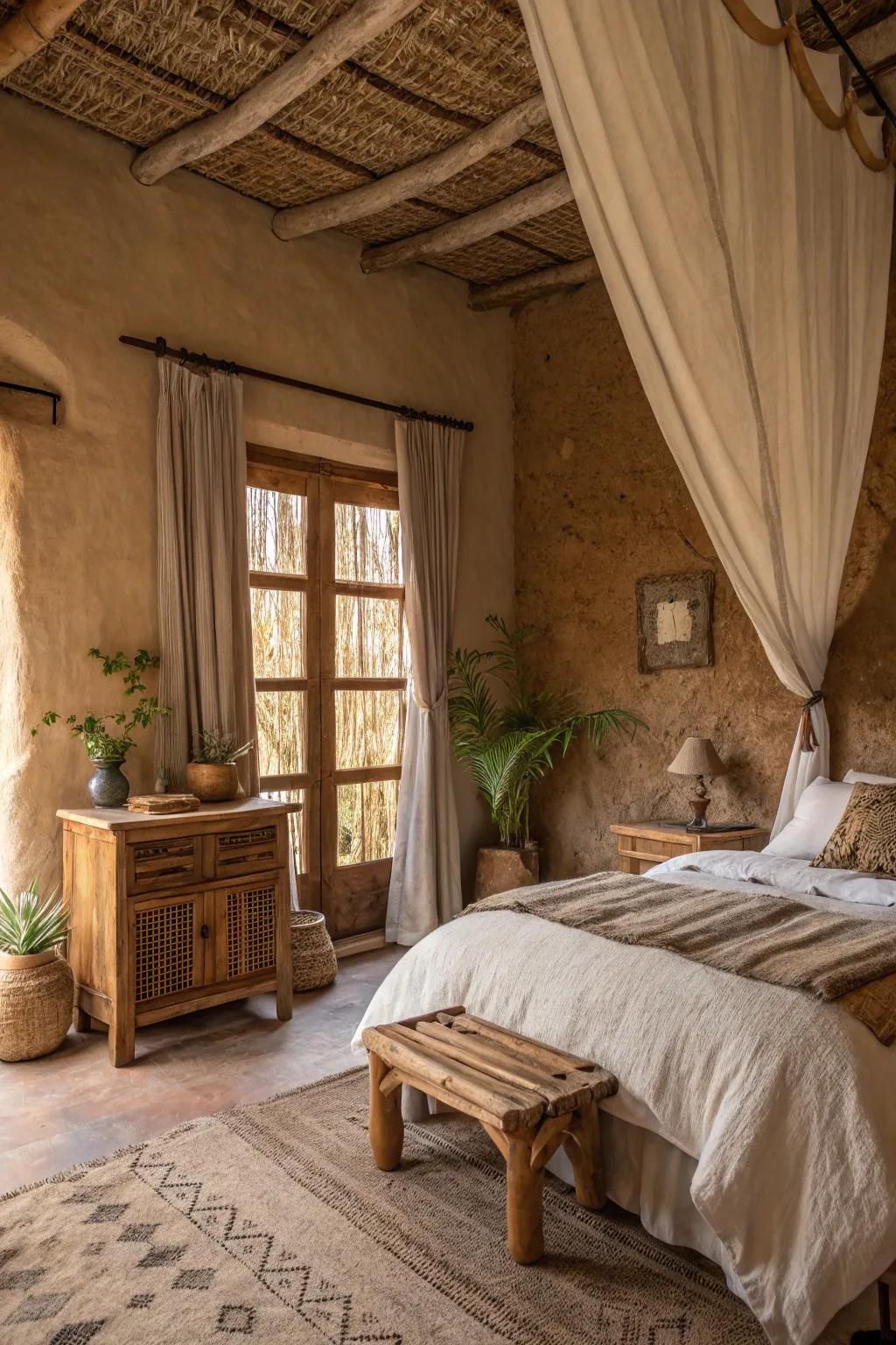 A bedroom showcasing soil-inspired palettes and natural materials.