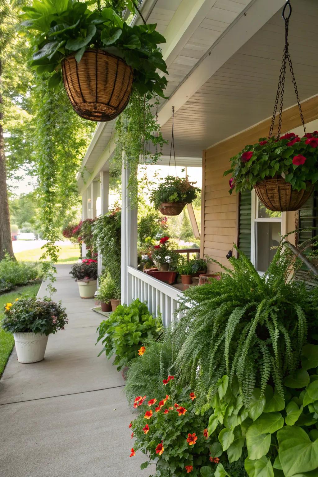 Herbaceous plants and hanging baskets add vibrancy and life to a rustic porch.