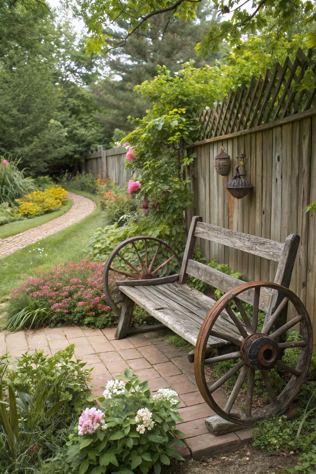 A garden seat with carriage tires, adding a vintage vibe.