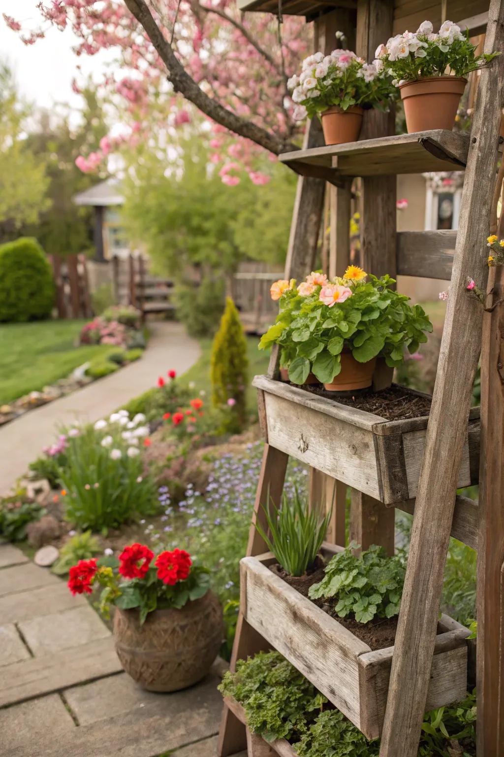 Repurposed lumber ledges showcasing flora in a countryside garden.