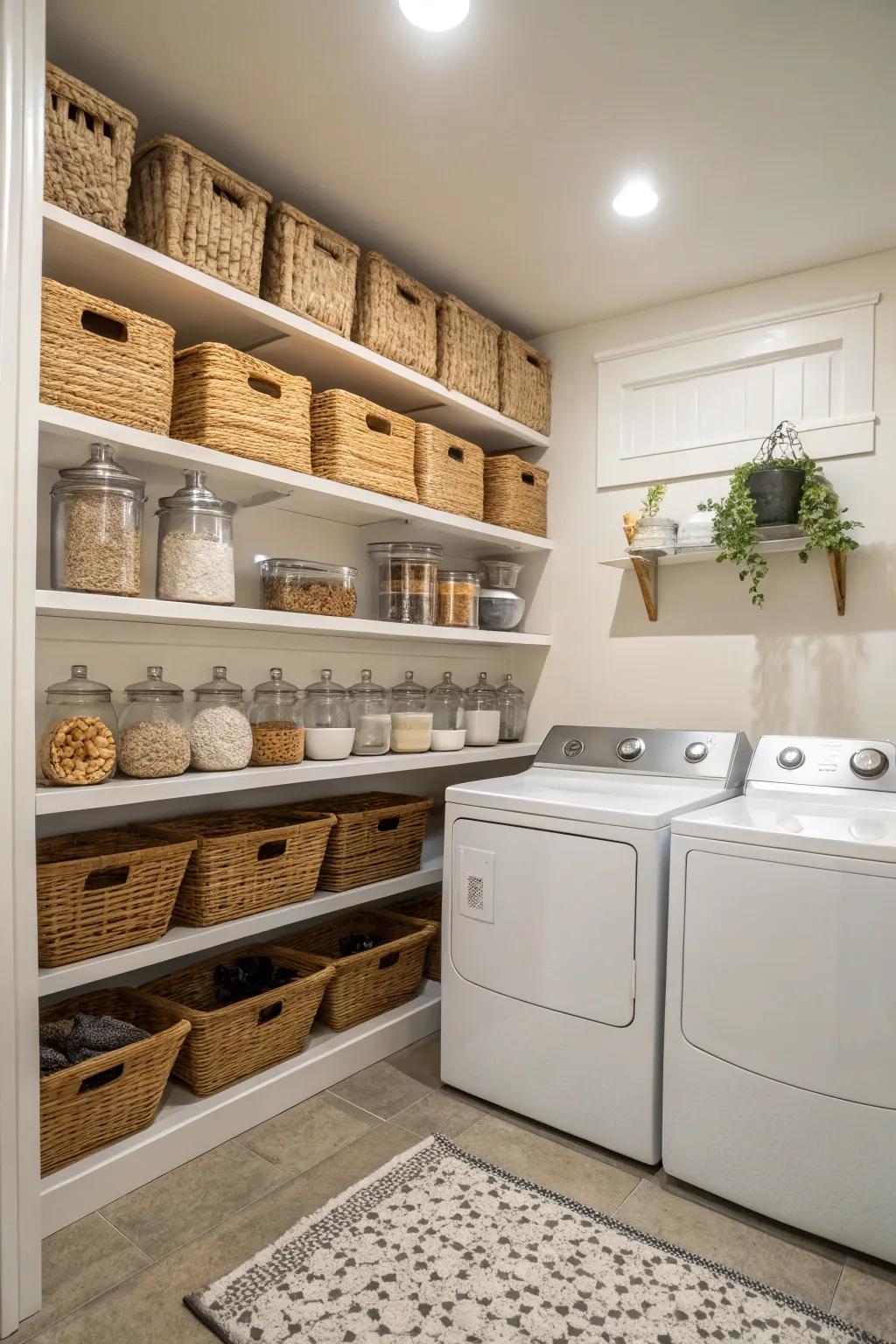 Open display units create accessible storage alongside countryside sophistication.