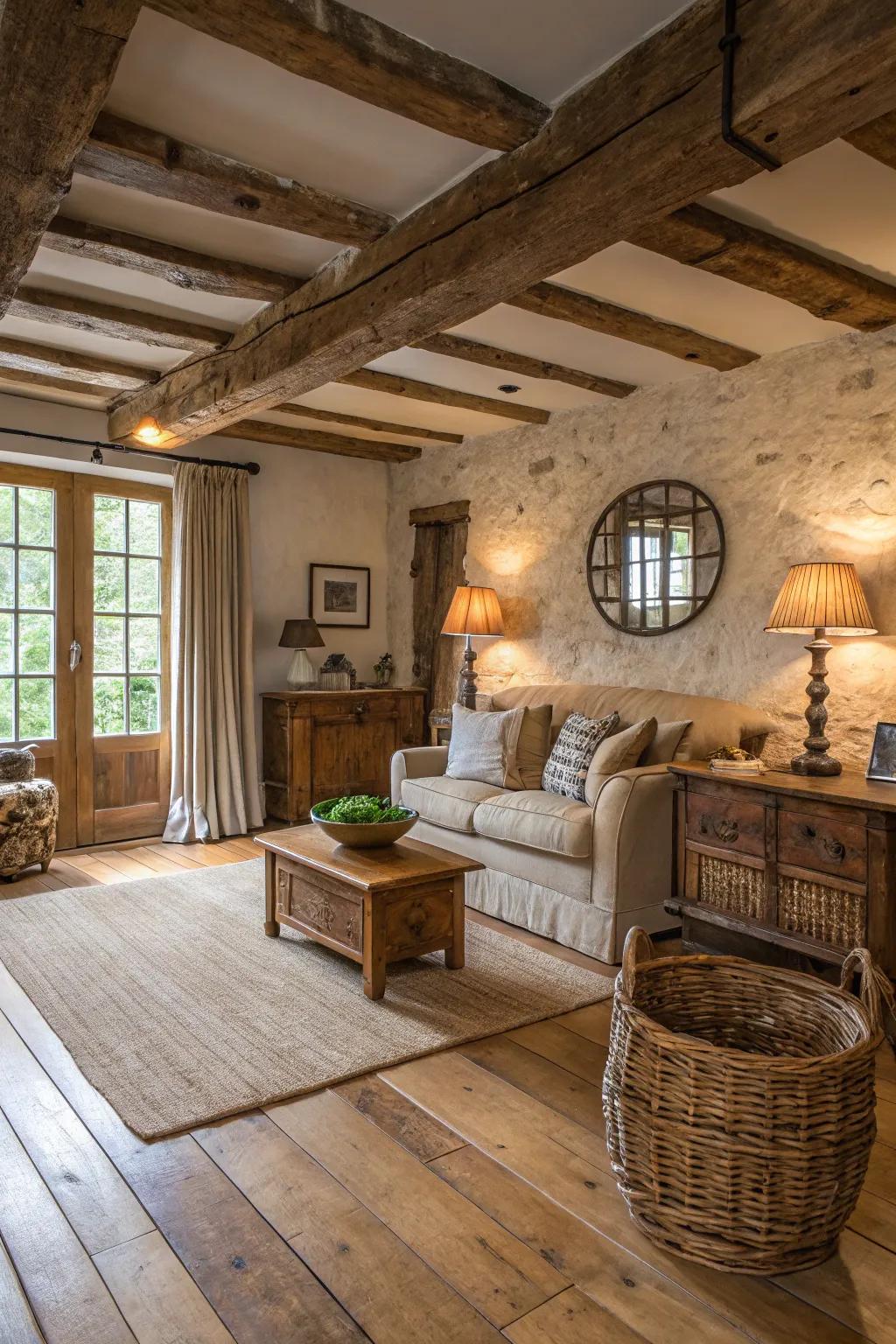 Unprocessed solid timber planking furnishes a toasty and elegant groundwork for country settings.