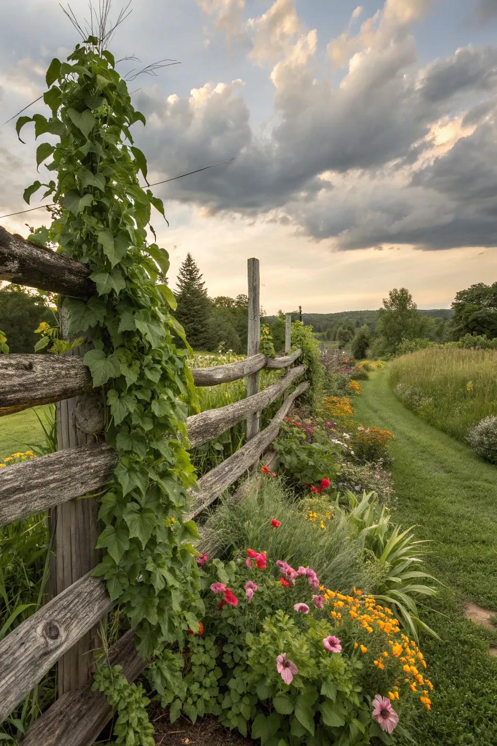 Layered logs form a robust fence, adding texture and depth to a lush garden.