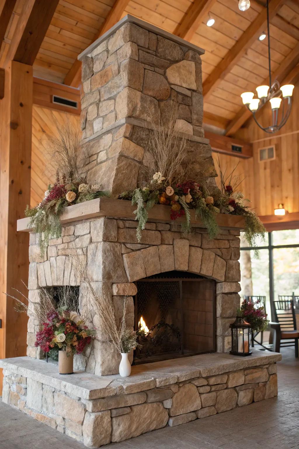 A stone hearth serves as a natural point of focus in this earthy man cave.
