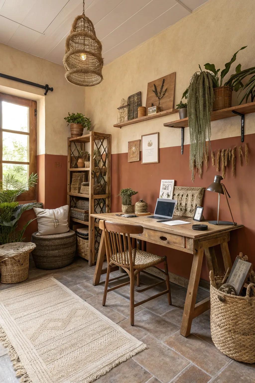 Soothing shades fashion a tranquil atmosphere in a country-style office.
