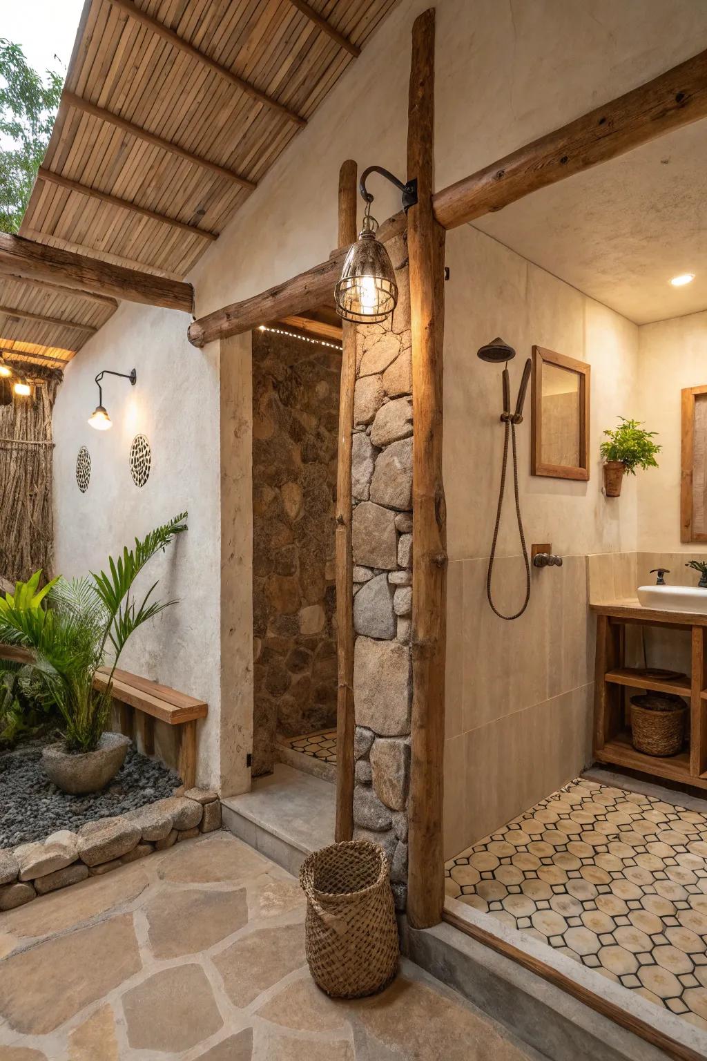 A shower design showcasing mild and grounded hues, deliberately chosen to elicit an atmosphere characterized by tranquility and calmness.