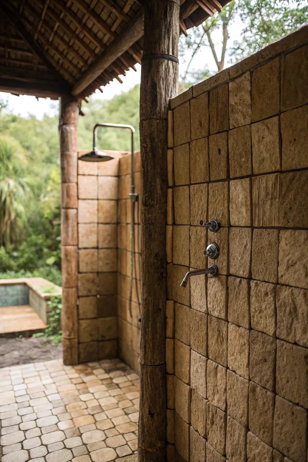 Textured tiling infuses richness and a dash of nature into this rustic shower space.