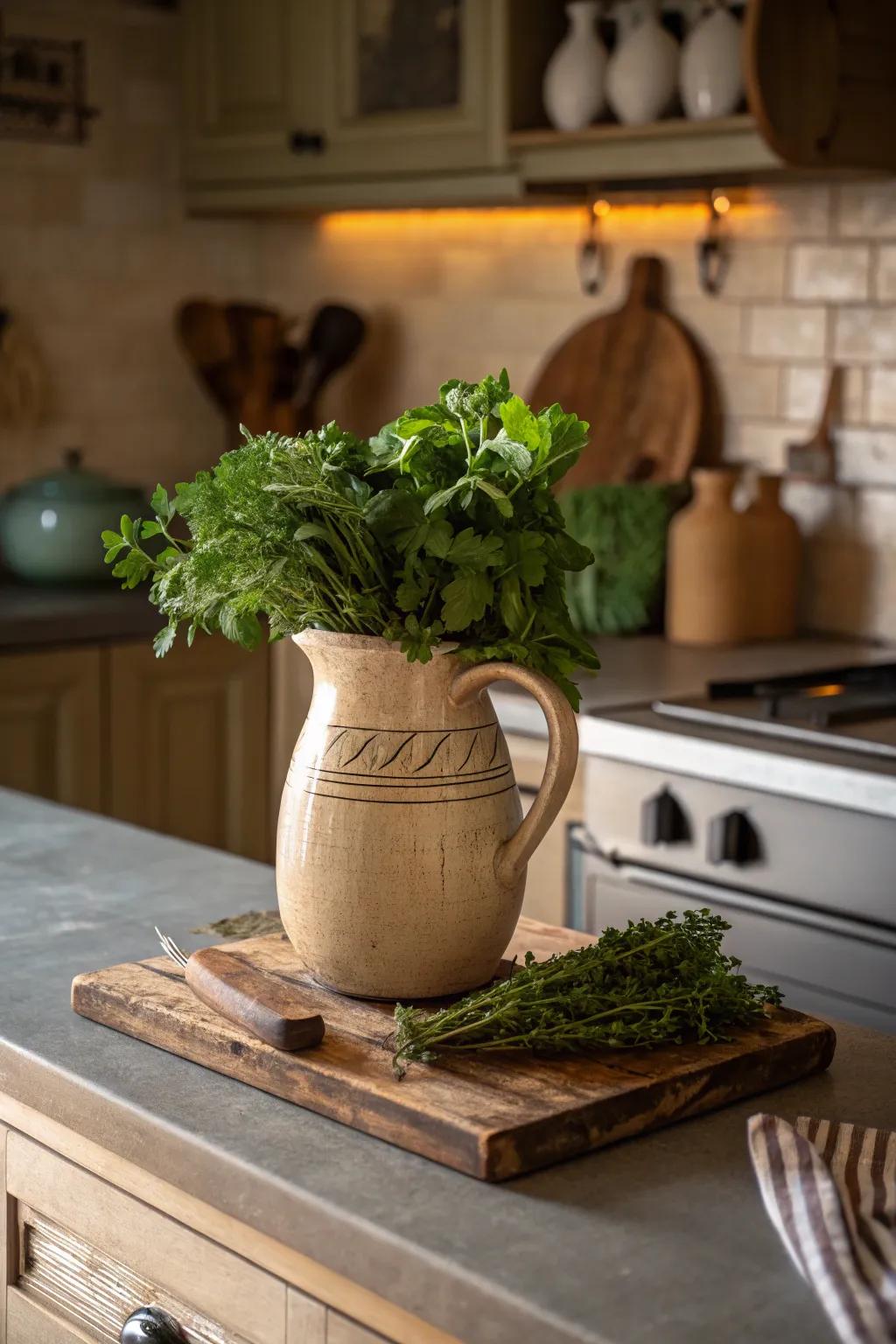 Porcelain pitchers contribute countryside refinement to any cooking area.