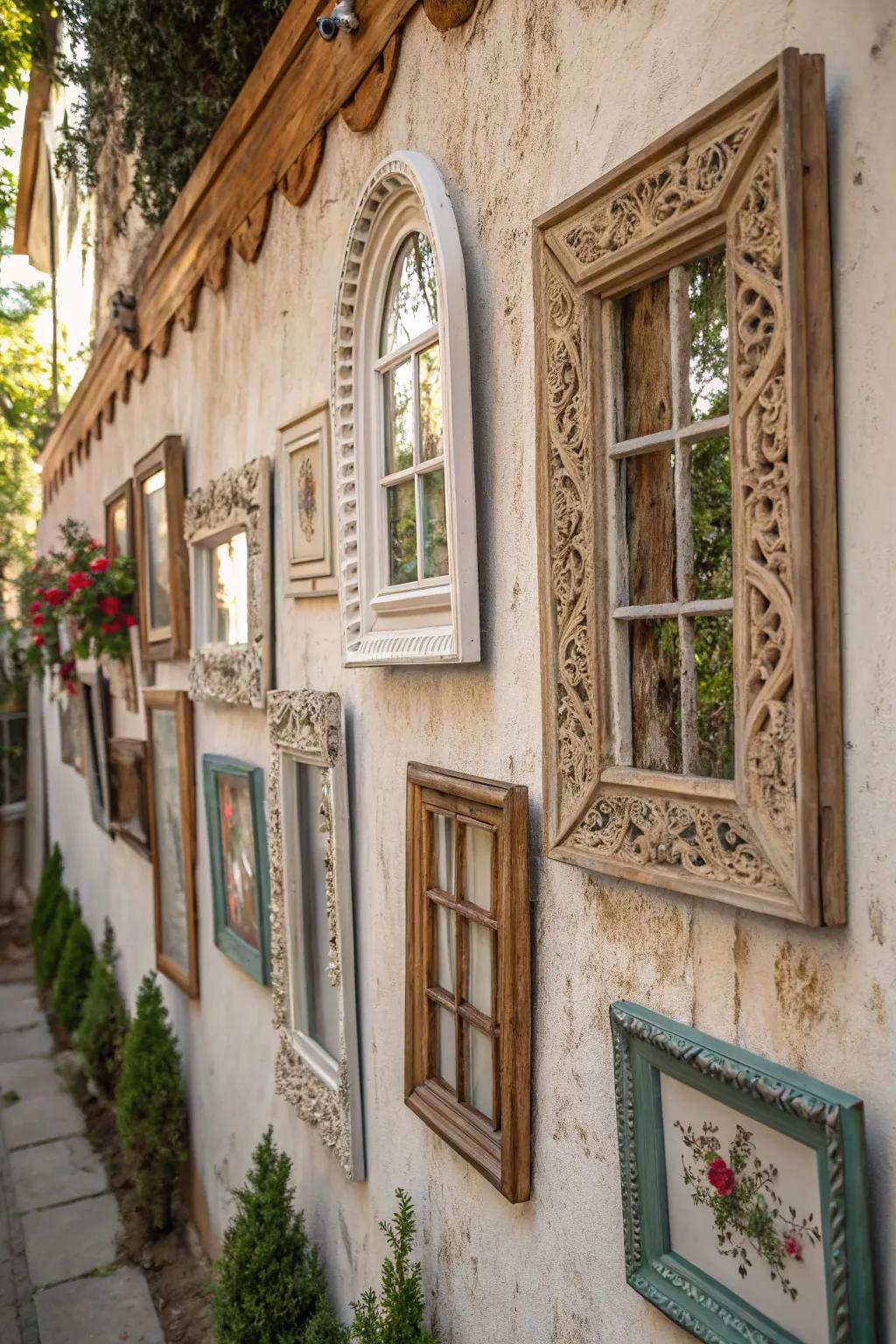 Heritage window casings creatively repurposed as distinctive and captivating wall decorations.
