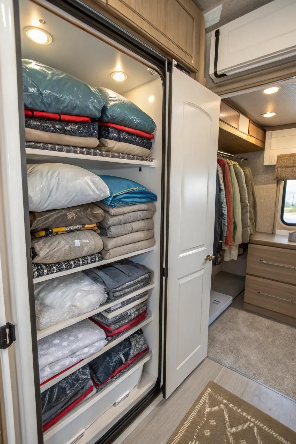 Vacuum bags offer small storage options for seasonal clothing in an RV closet.