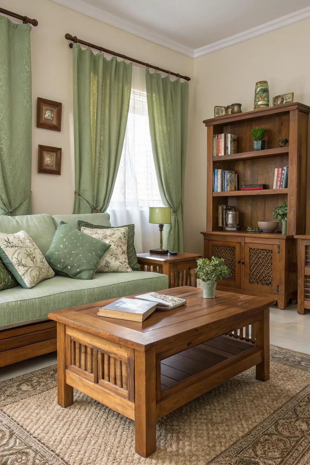 Wood details enrich the welcoming nature of a sage green living space.