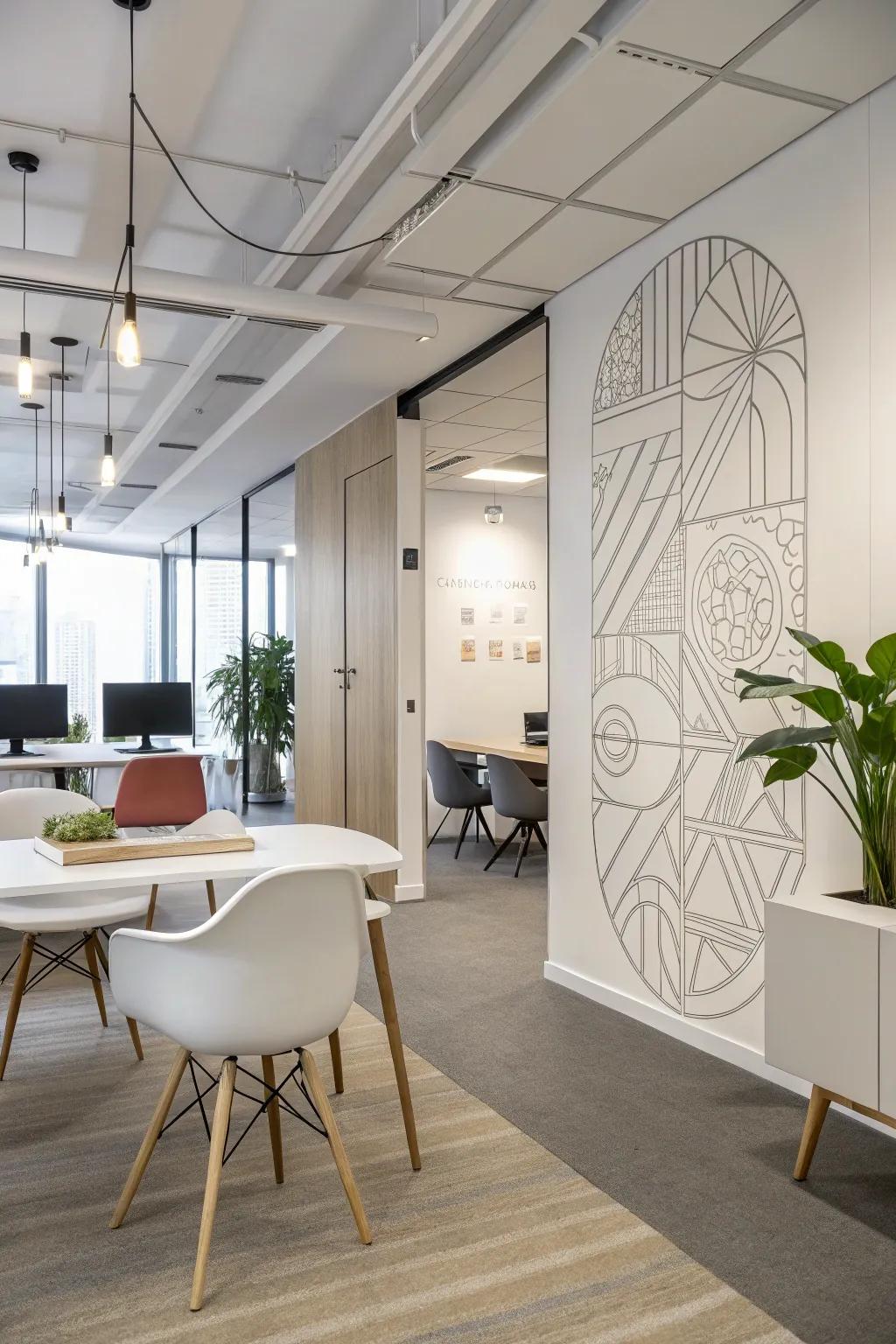 An office with simple line drawings on the wall and plain decor