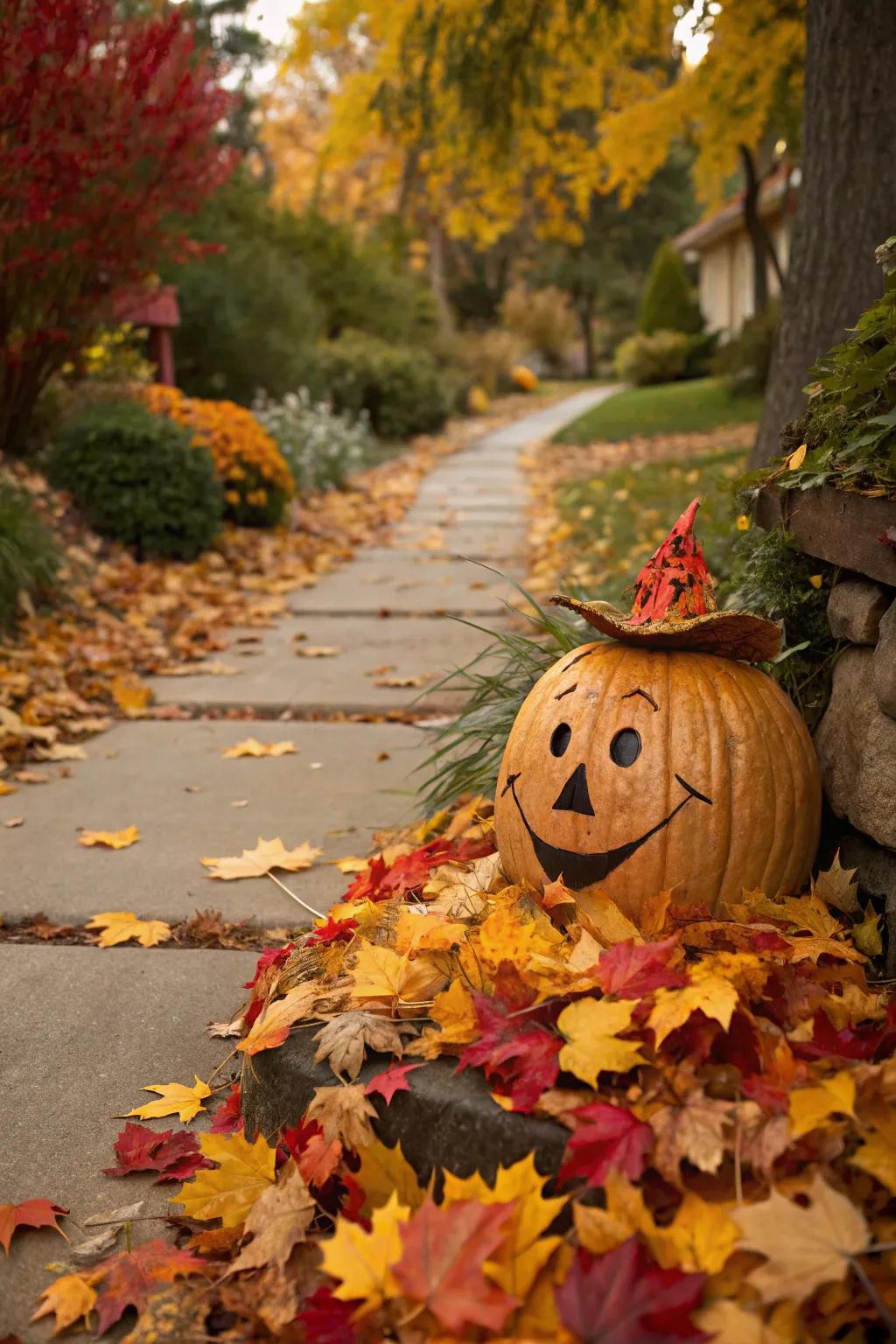 Colorful leaves accentuate this scarecrow pumpkin.