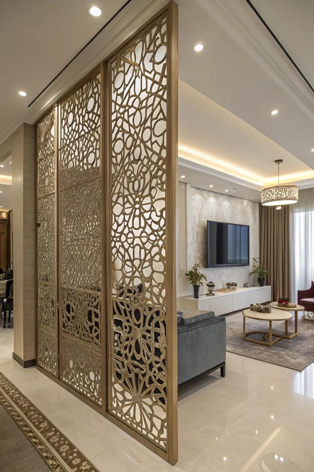 Sophisticated perforated patterns embellish this ornamental panel screen wall.