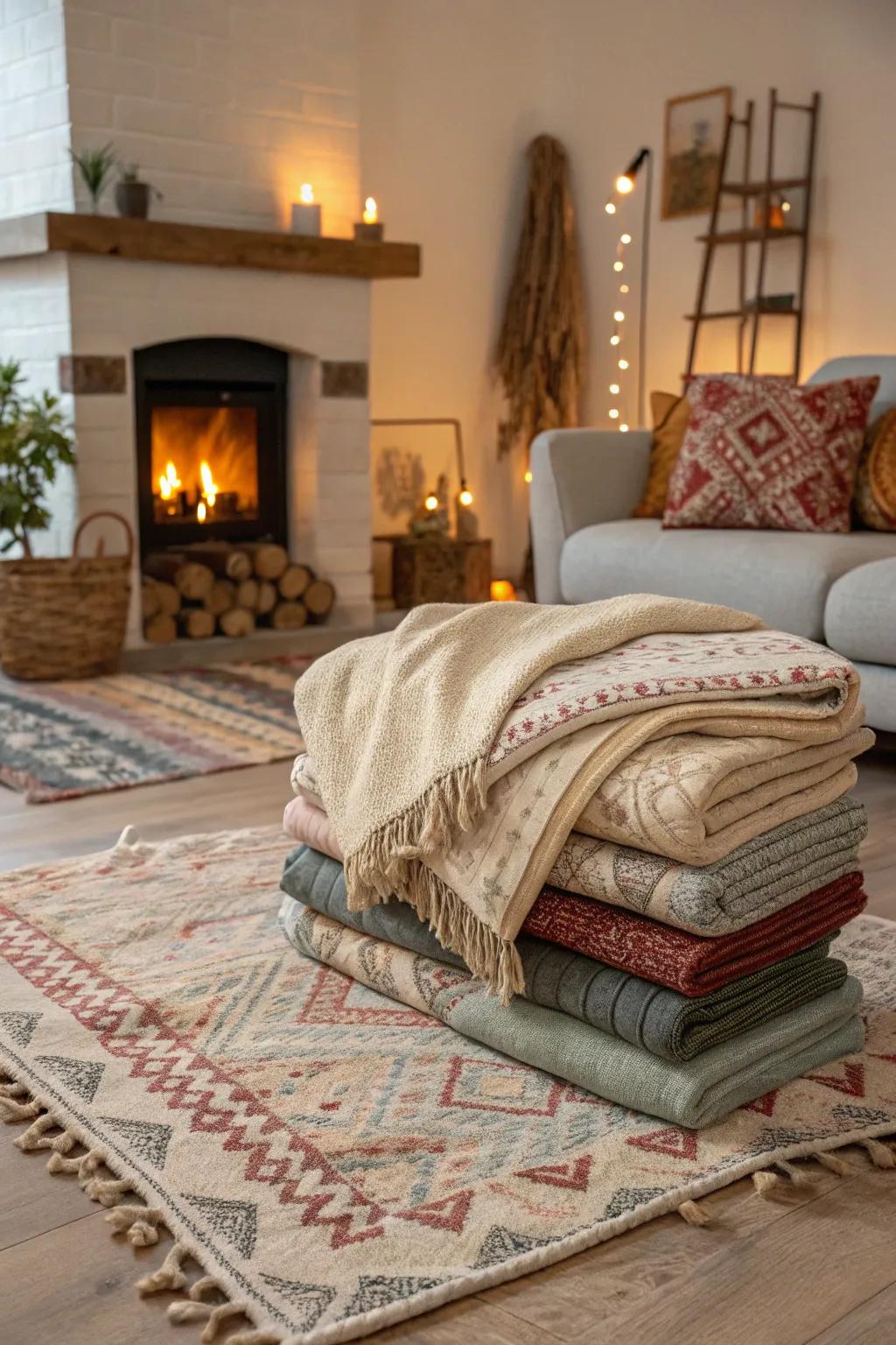Layered rugs add warmth and define the seating area surrounding the fireplace.