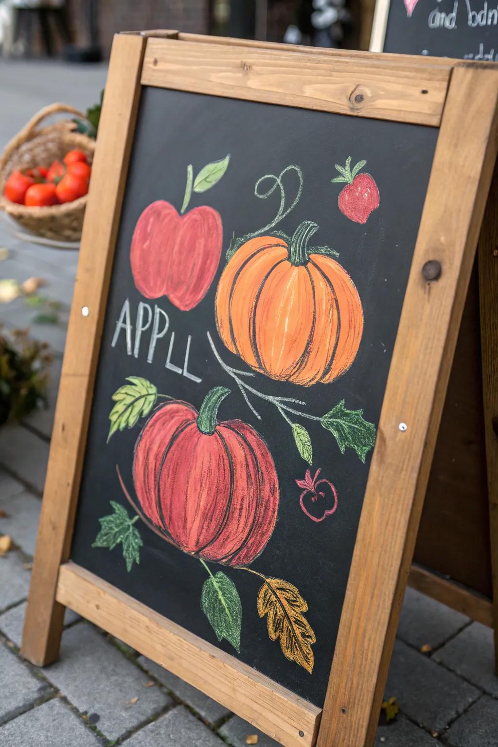 A festive chalkboard adorned with pumpkins and apples in warm fall shades.