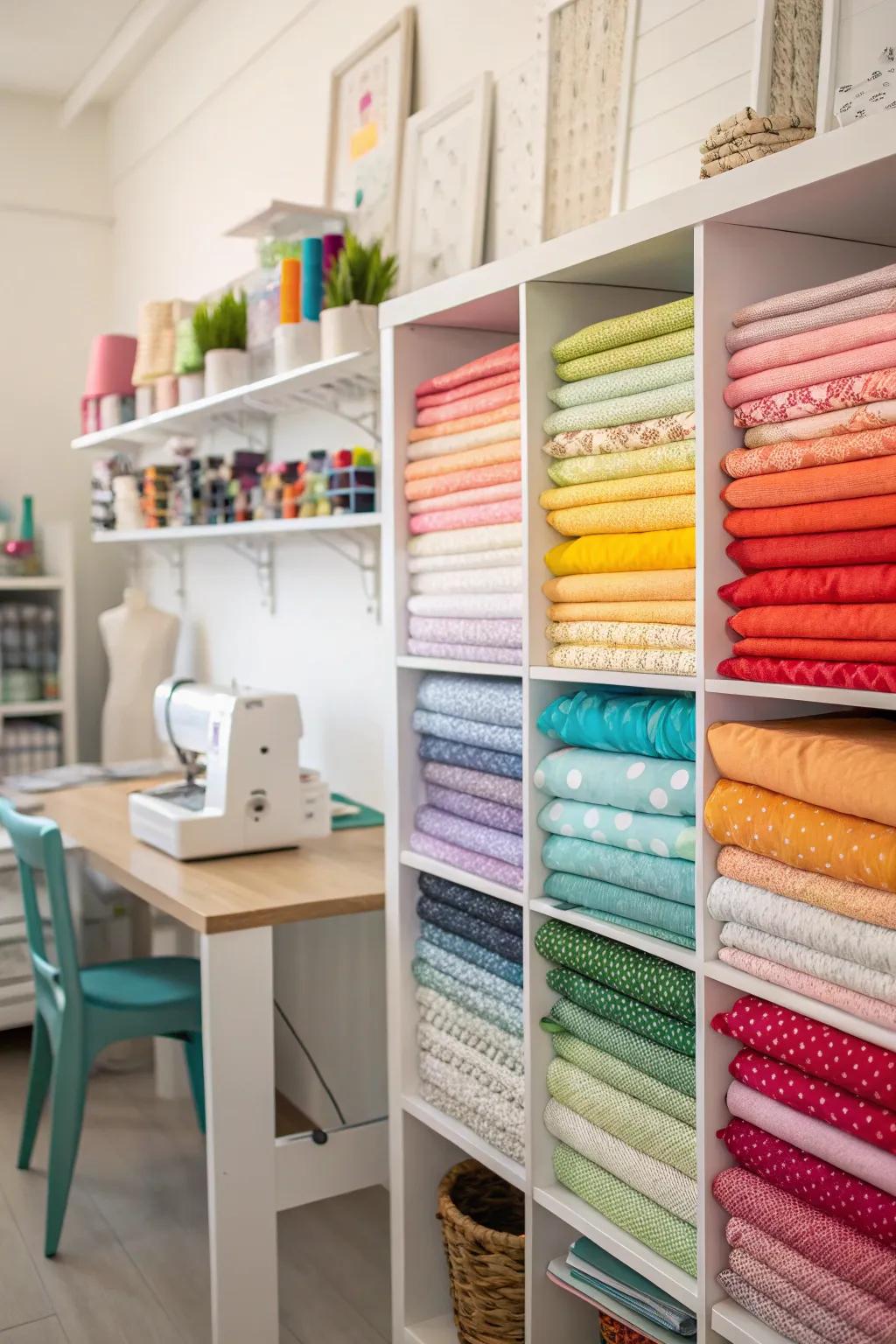 A vibrant fabric arrangement serves as both storage and inspiration.