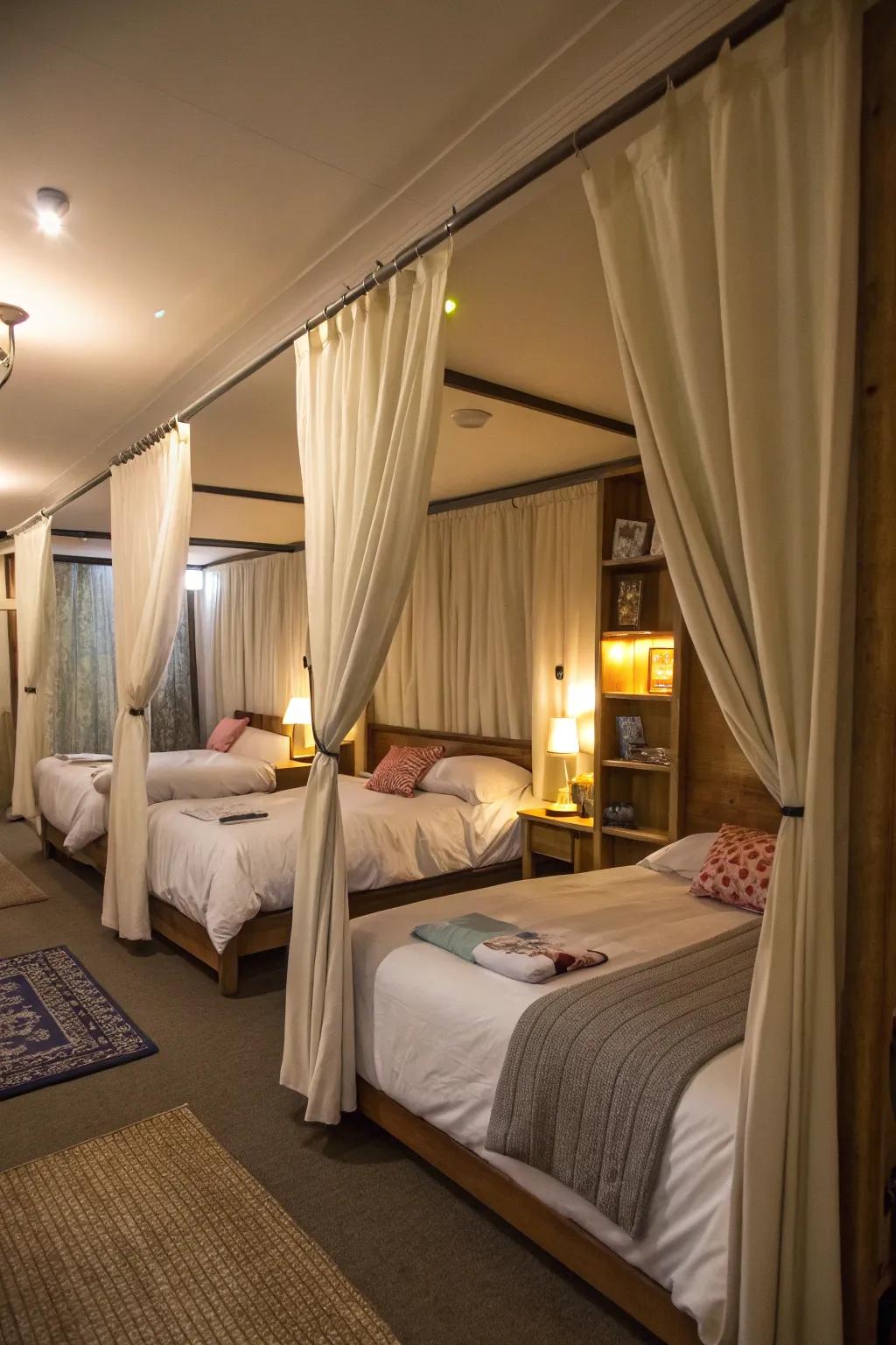 Curtains offer privacy in this shared sleeping area.