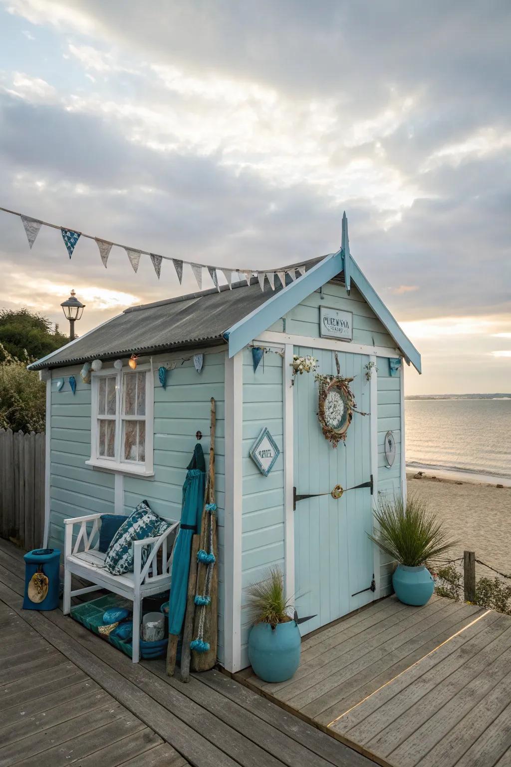 Design a coastal getaway with light shades and breezy decor, creating a beach-like atmosphere in your she shed.