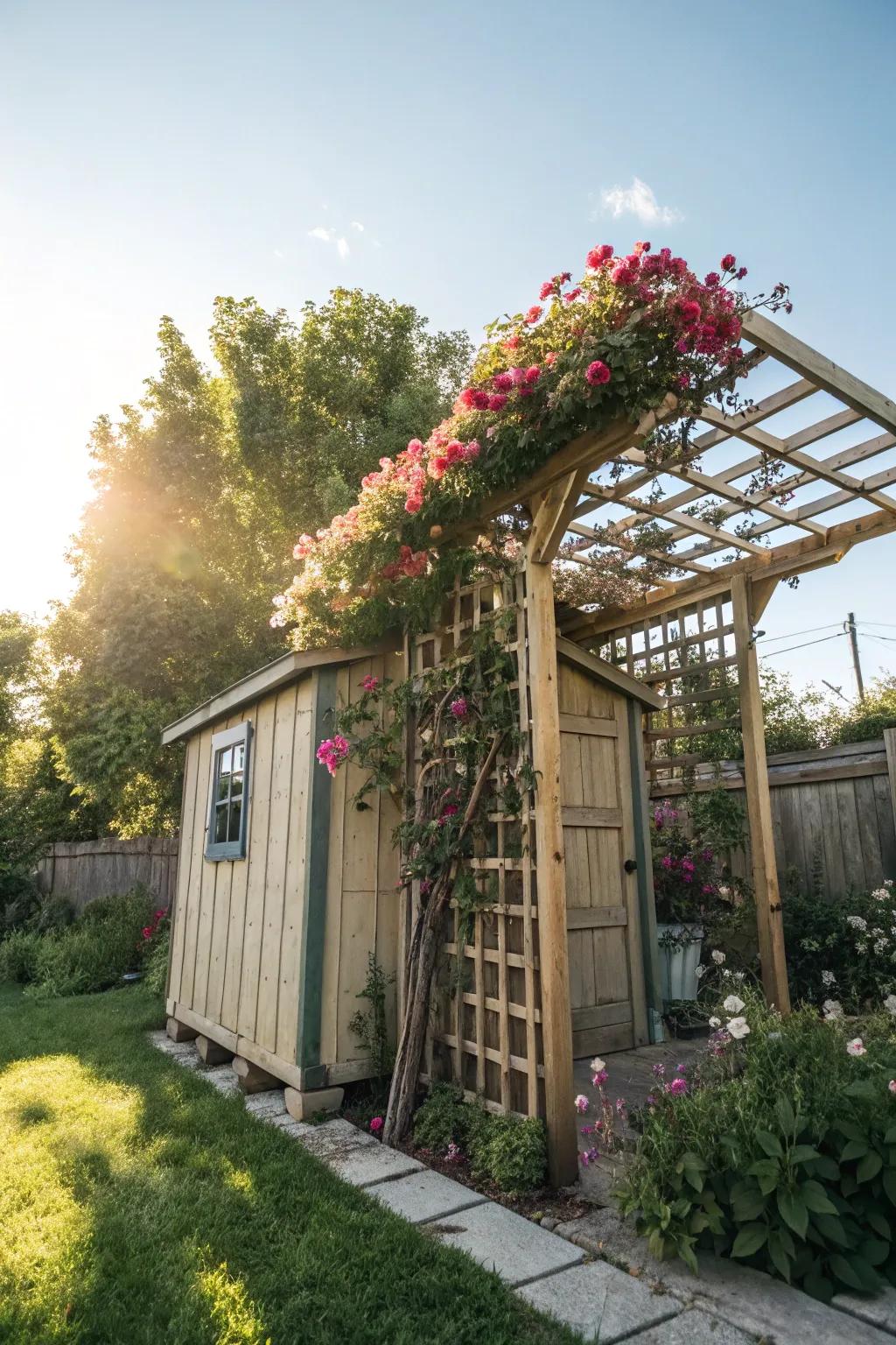 A climbing frame covered in blooming plants creates a magical scene.
