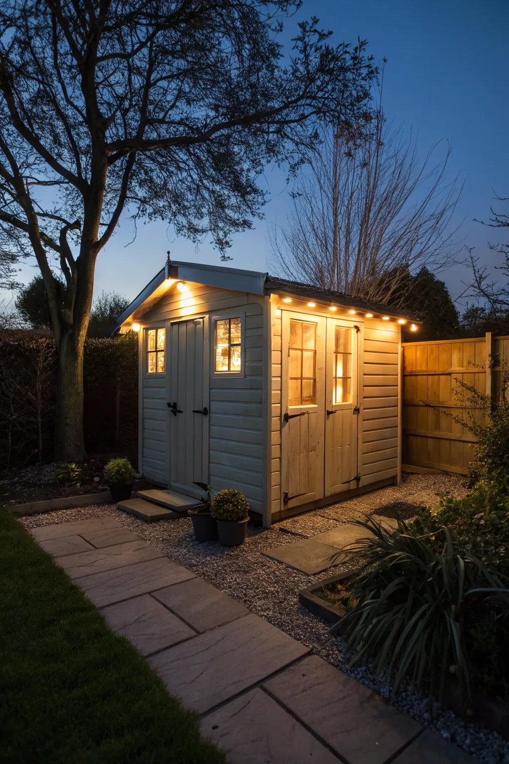 Motion detector lights illuminate the shed, deterring potential intruders.
