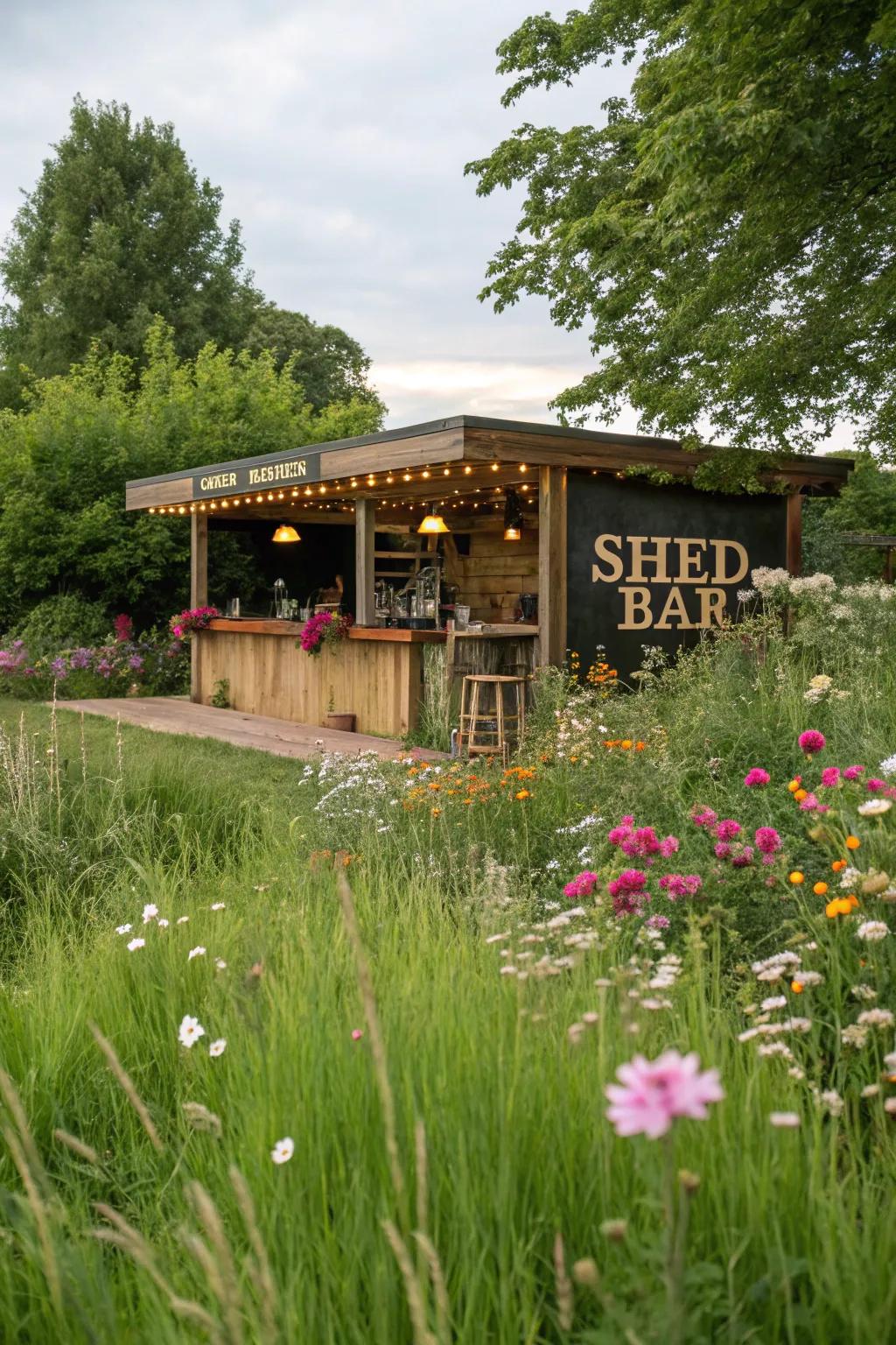 Turn your shed bar into a garden escape with rich vegetation.
