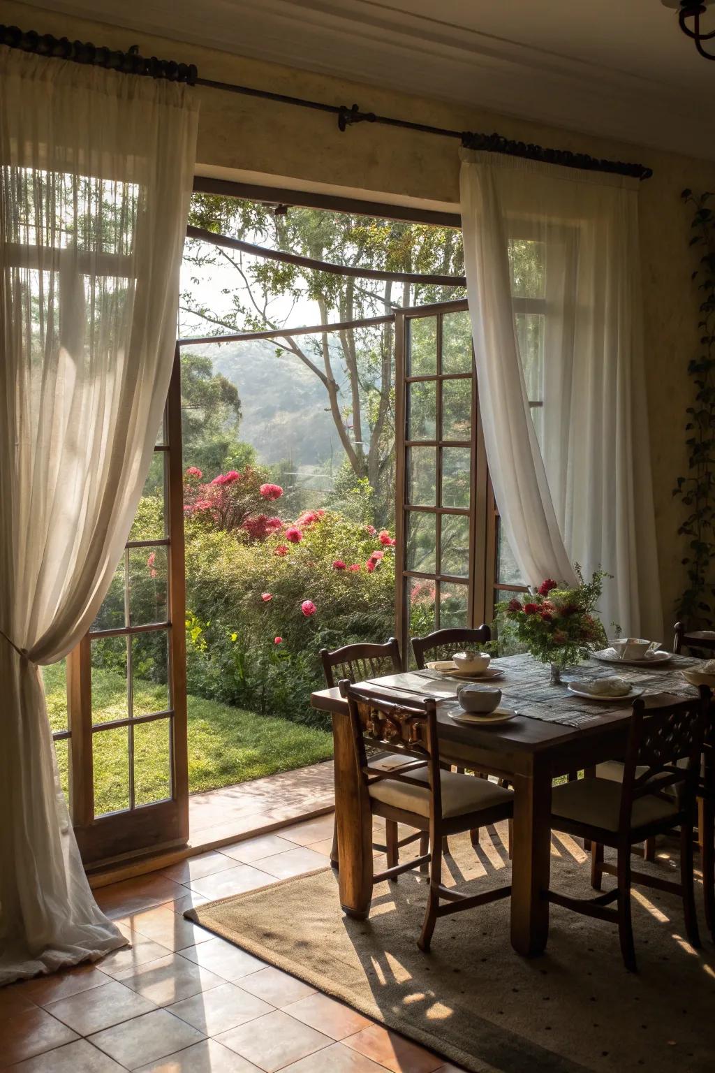 Lightweight curtains gracefully showcase external scenery, transporting the allure of nature indoors.