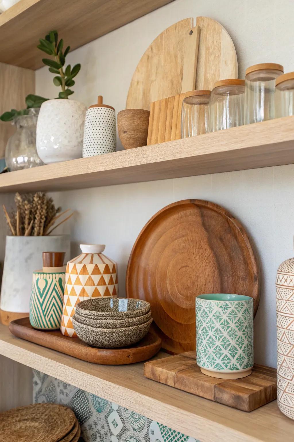 A mix of timber, glass, and ceramic items adds texture to the shelf.