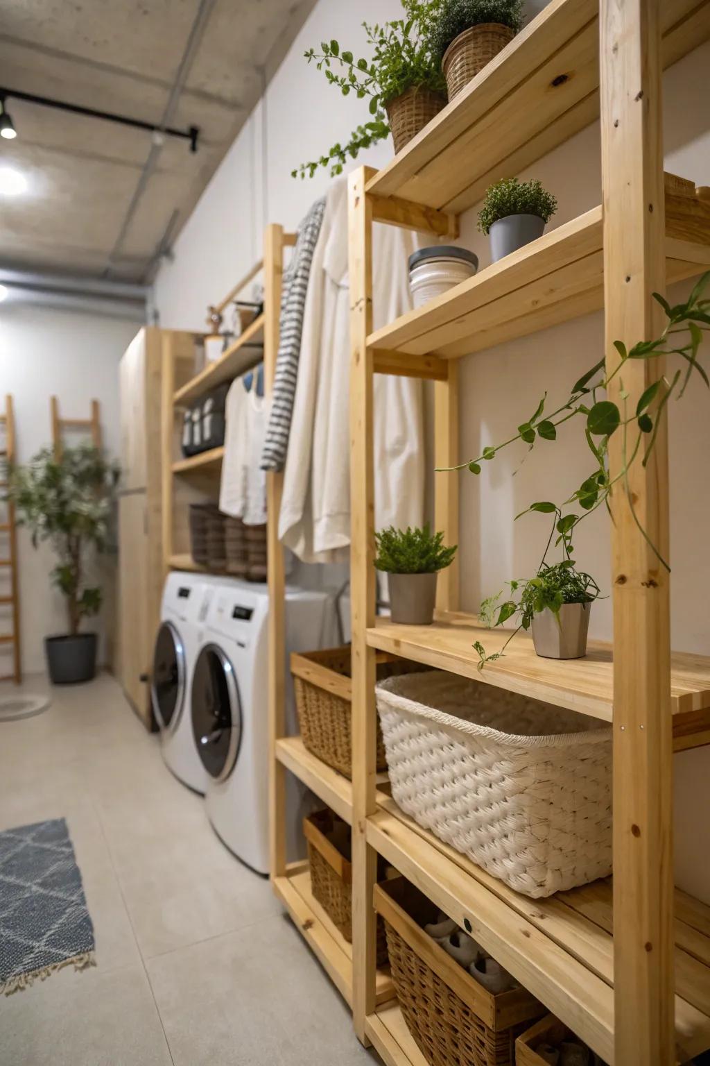 Wooden shelves in a utility area are paired with plants to create a cozy and welcoming atmosphere.