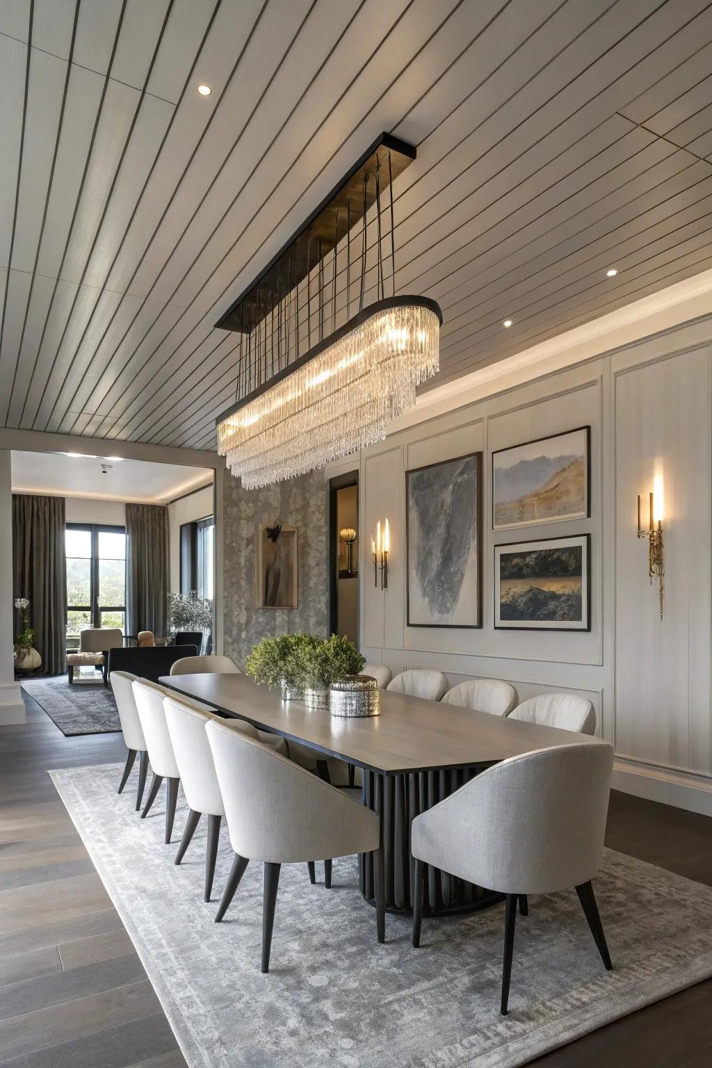 A vertical shiplap ceiling injecting a modern twist into the dining space.