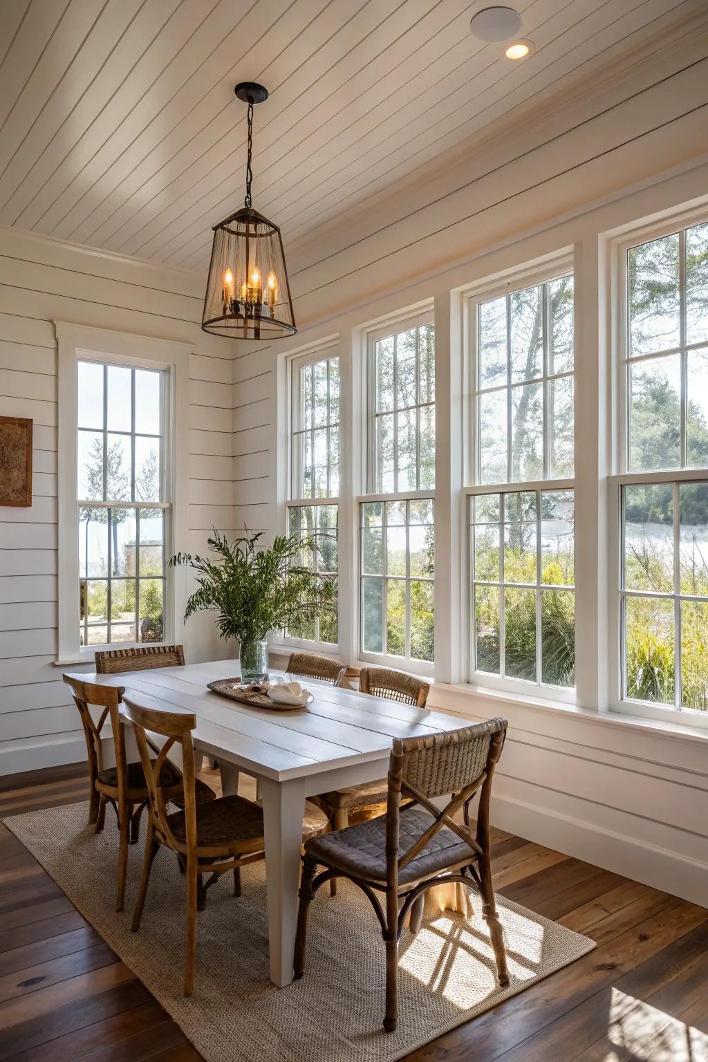 A bright dining room with lots of natural light and wood-panel walls.