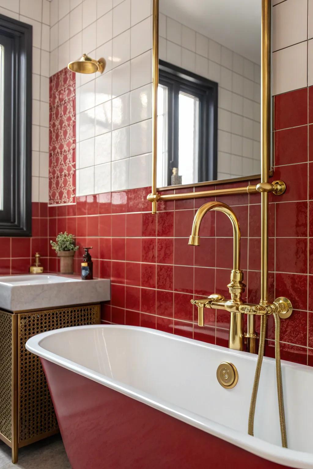 Striking colors featuring crimson accents and golden fixtures.