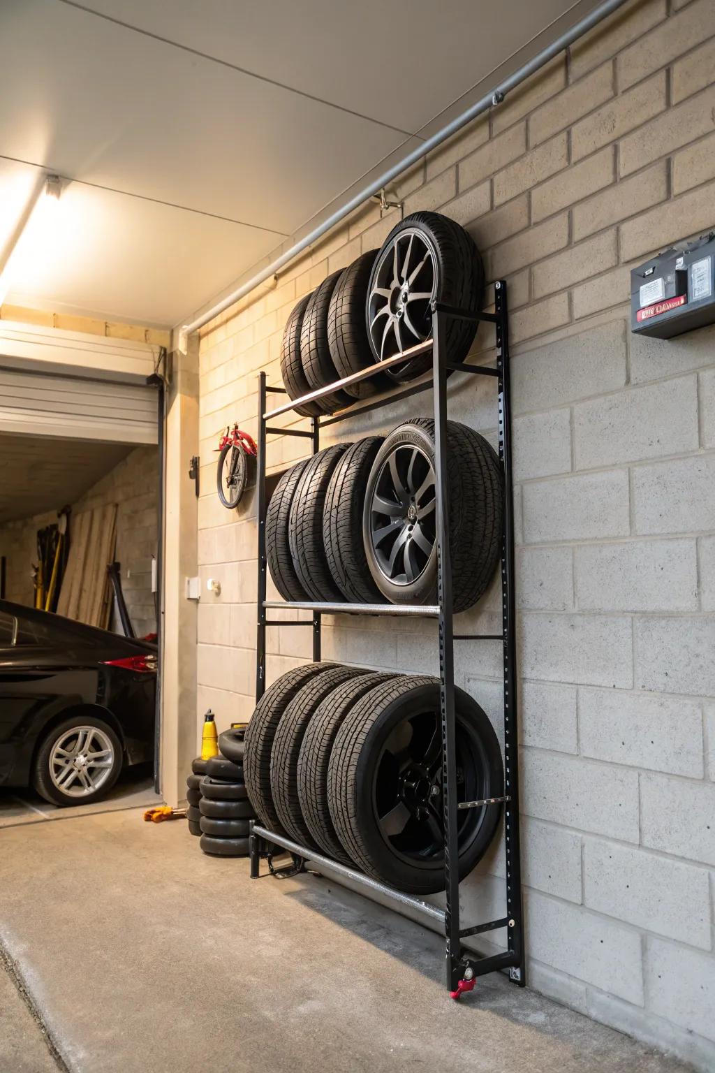 A tire rack affixed to a garage wall.