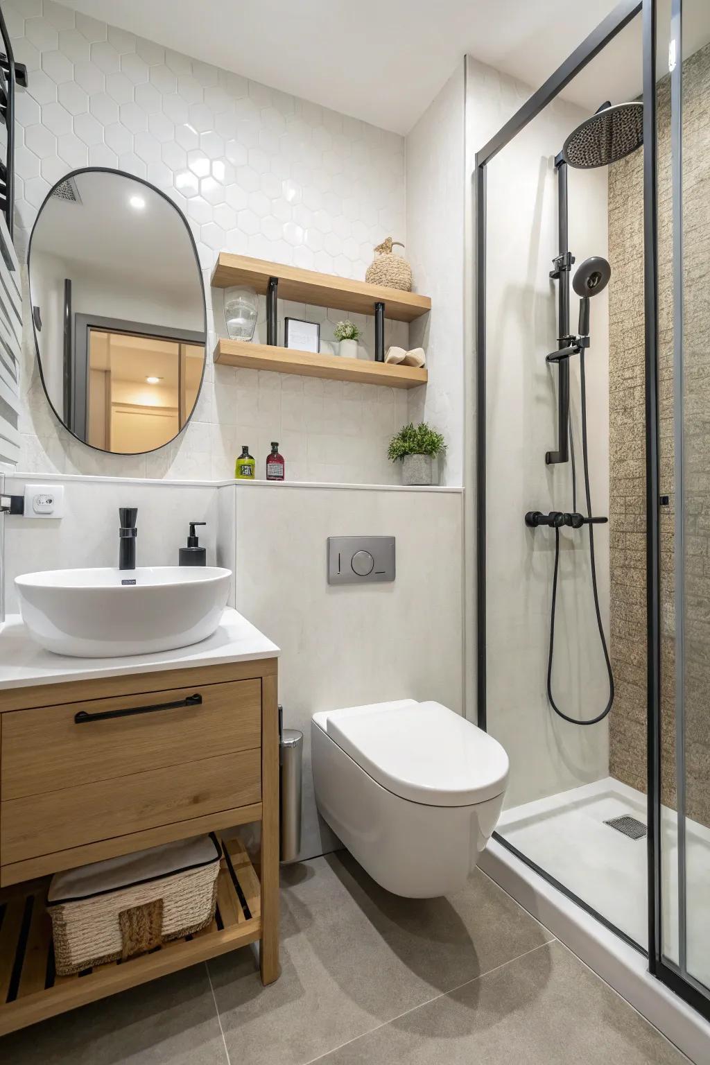 Wall-mounted installations keep the floor uncluttered and the area feeling roomy.