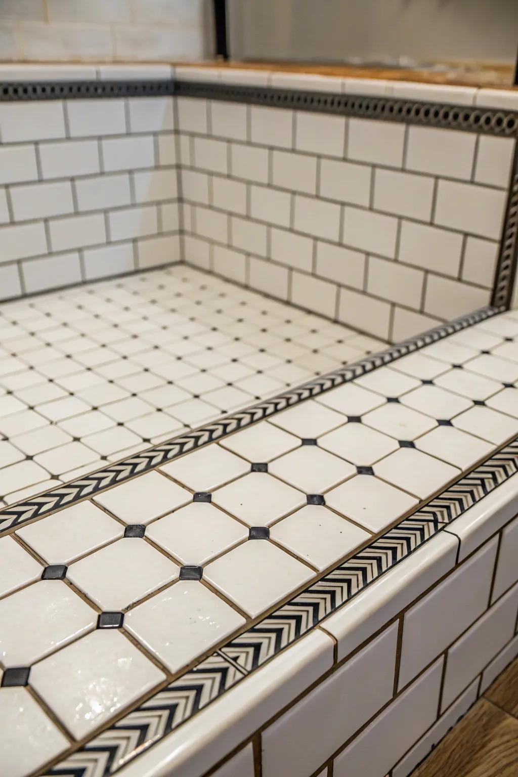 White units with differing dark sealant lines make a striking effect on this shower pan.