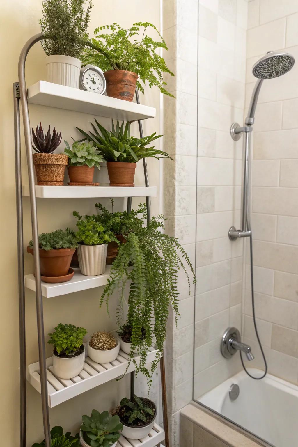 Bathroom shelves create an array of greenery for your personal space.