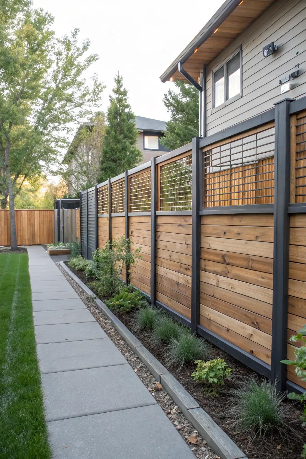 Fashionable side yard showcasing a combined material enclosure.