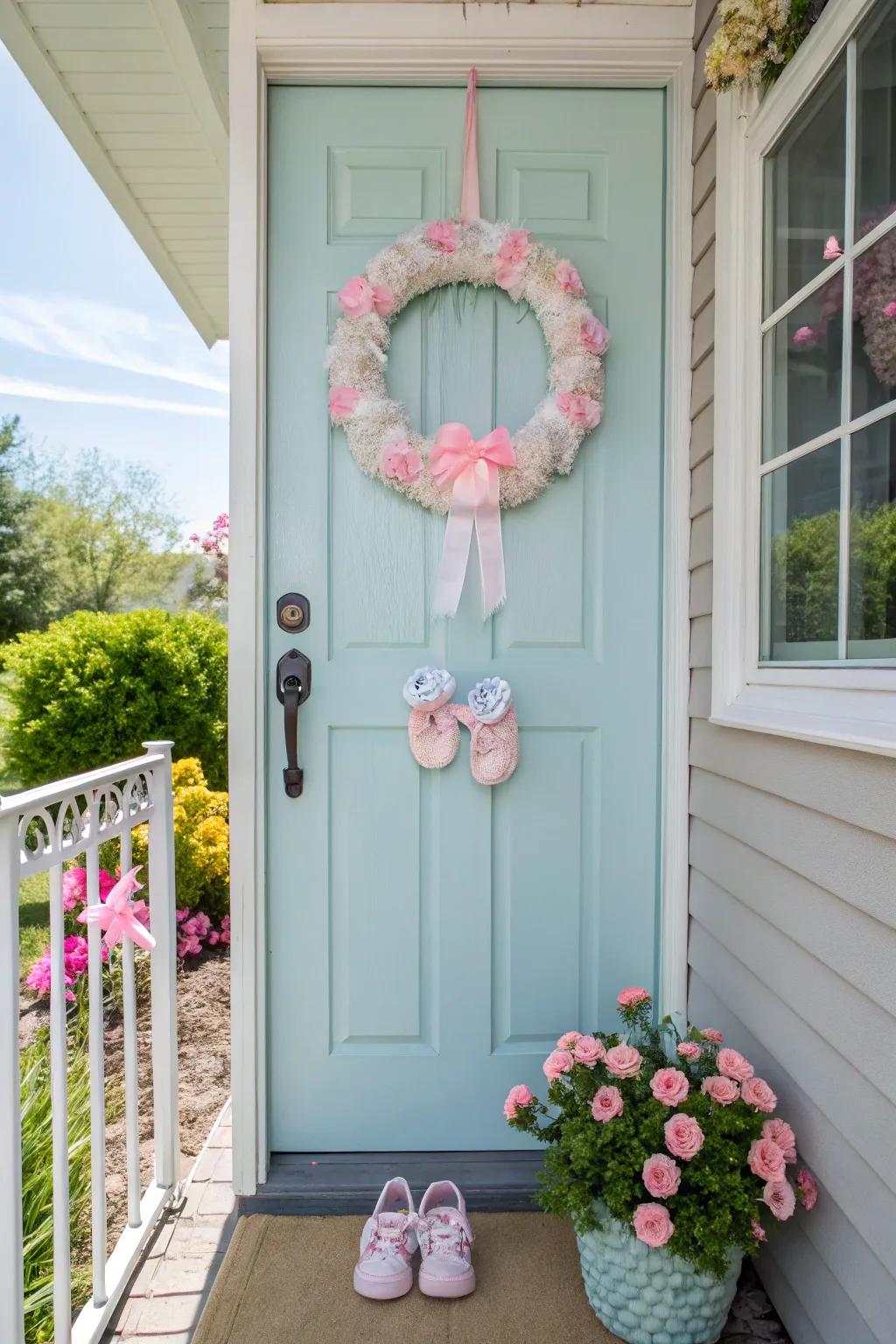 A greeting circle on the doorway sets the atmosphere for the celebration within.