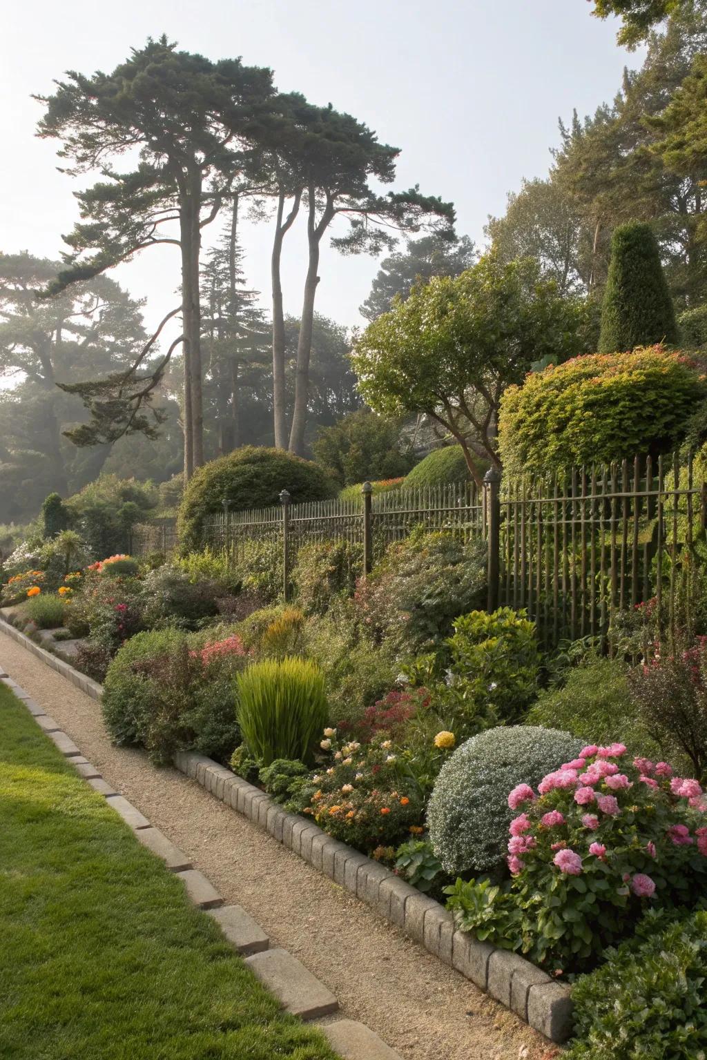 Tiered plantings introduce depth and dimension to plain fence lines.