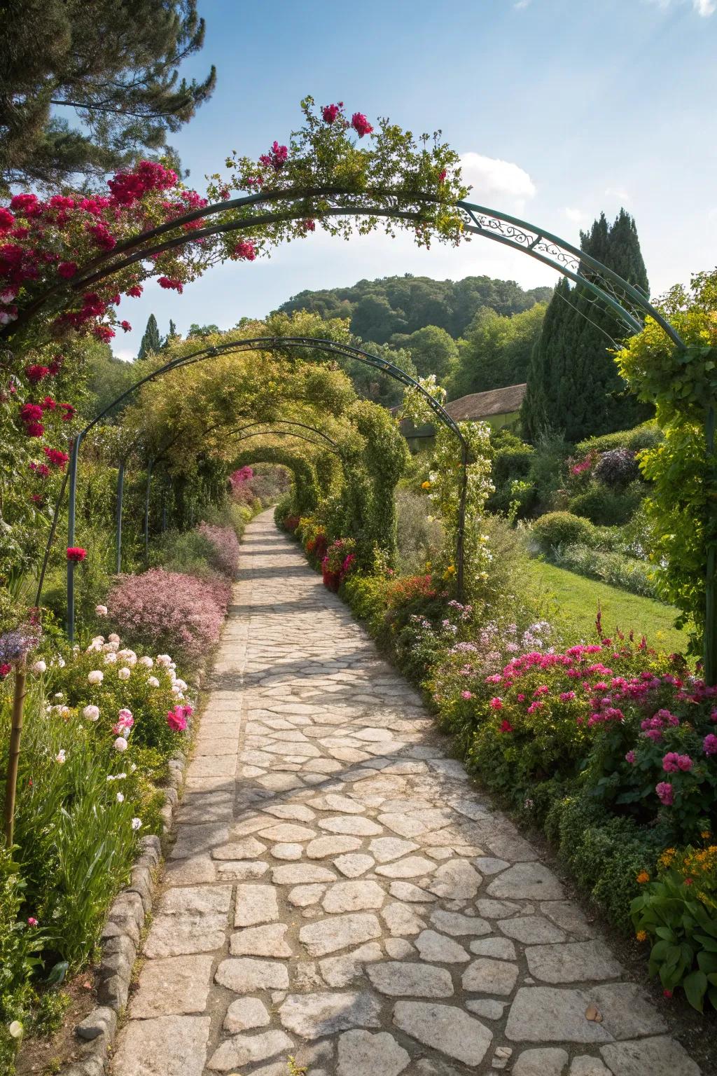A stone pathway beckoning exploration through a flower-filled garden.
